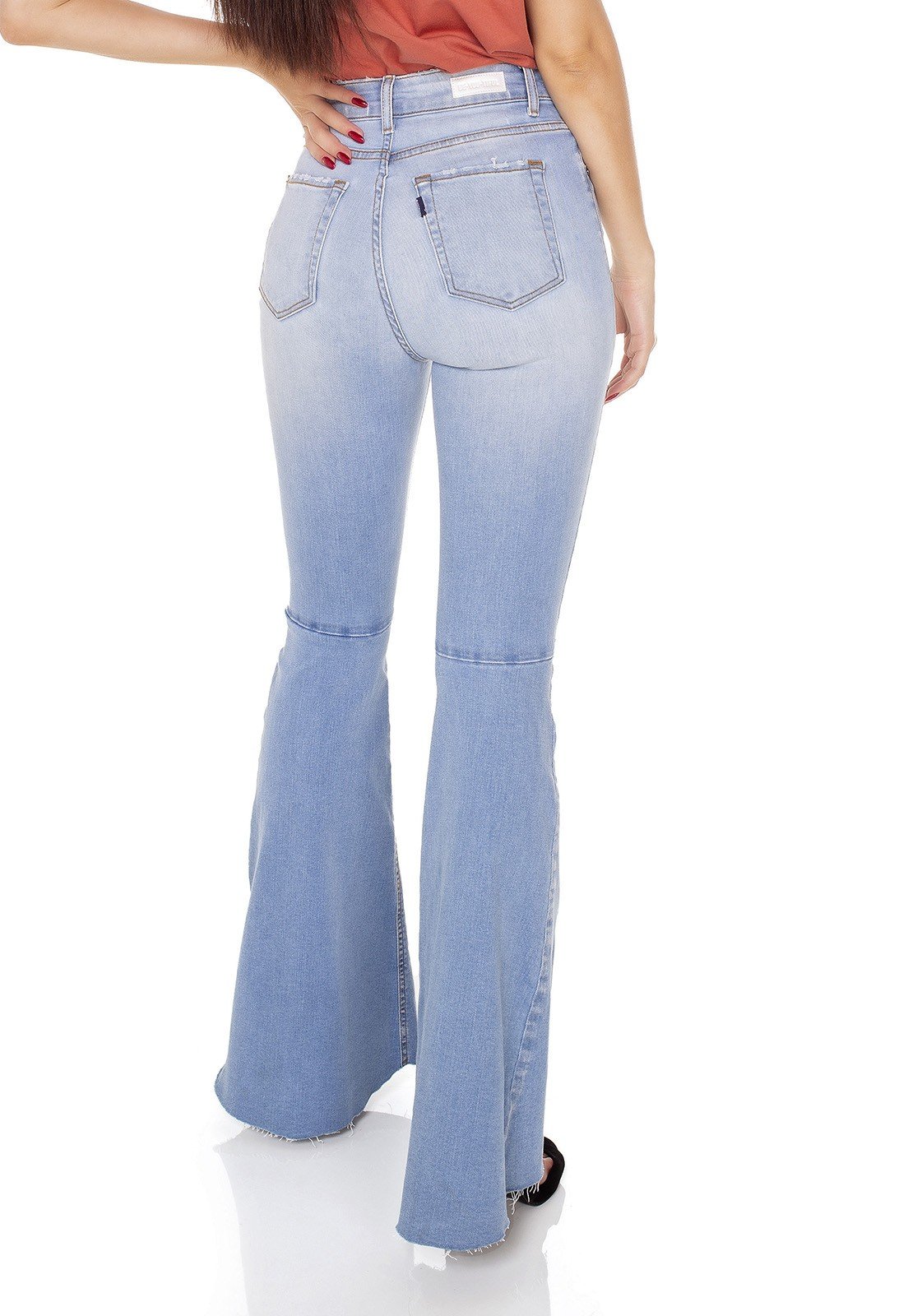 dz3480 calca jeans feminina super flare barra corte a fio denim zero costas prox