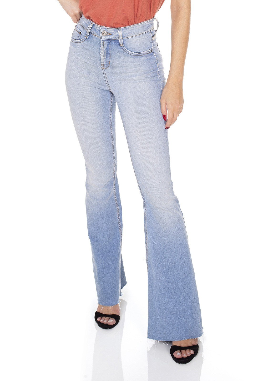 dz3480 calca jeans feminina super flare barra corte a fio denim zero frente prox