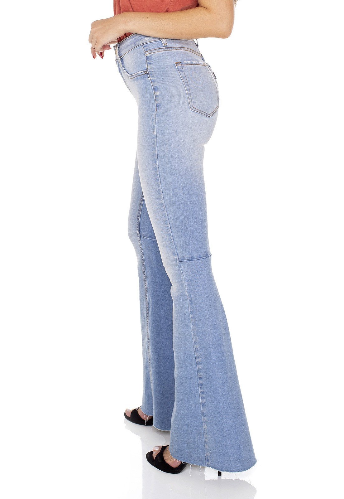 dz3480 calca jeans feminina super flare barra corte a fio denim zero lado prox