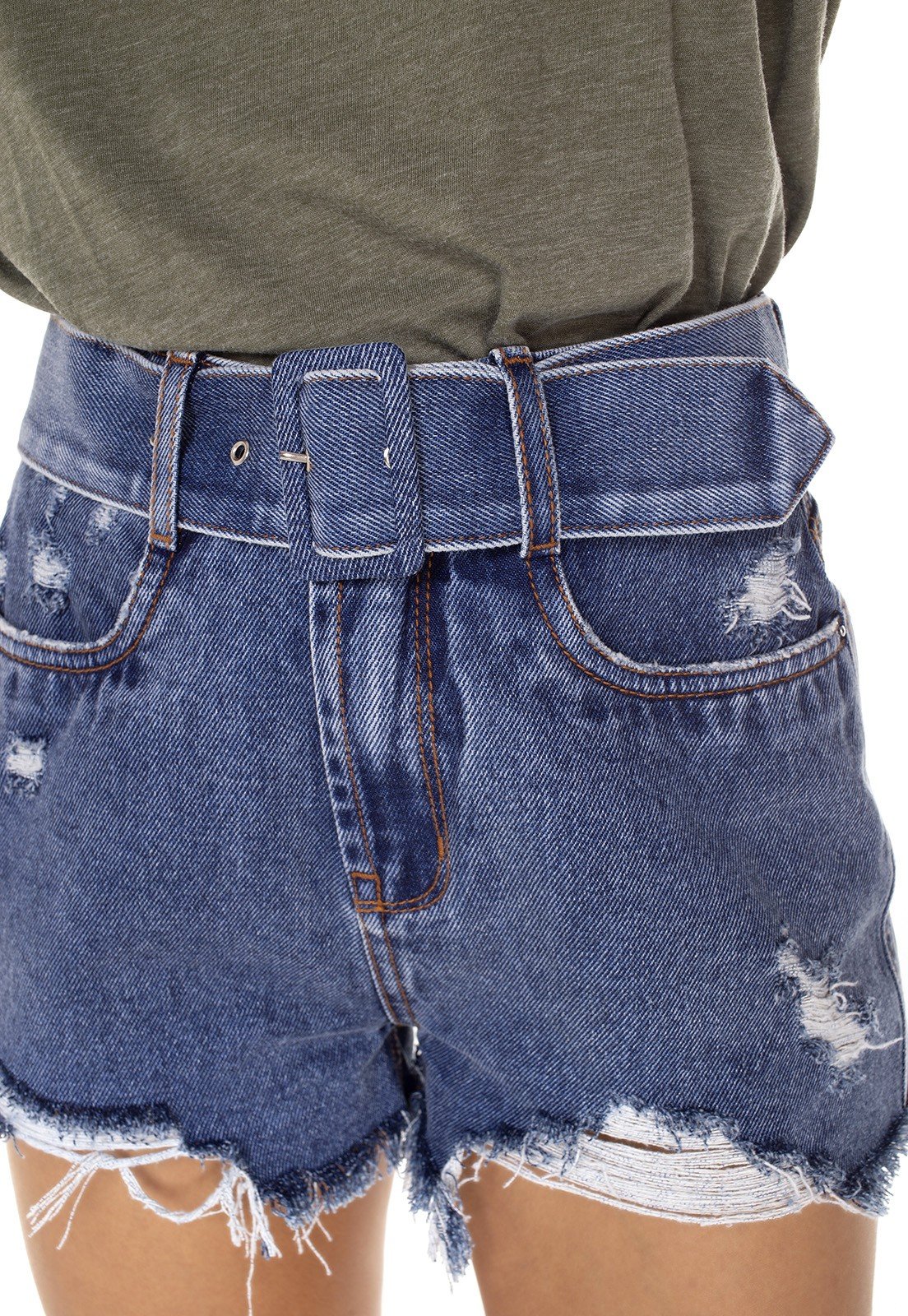 dz6393 shorts jeans feminino setentinha com cinto denim zero frente detalhe