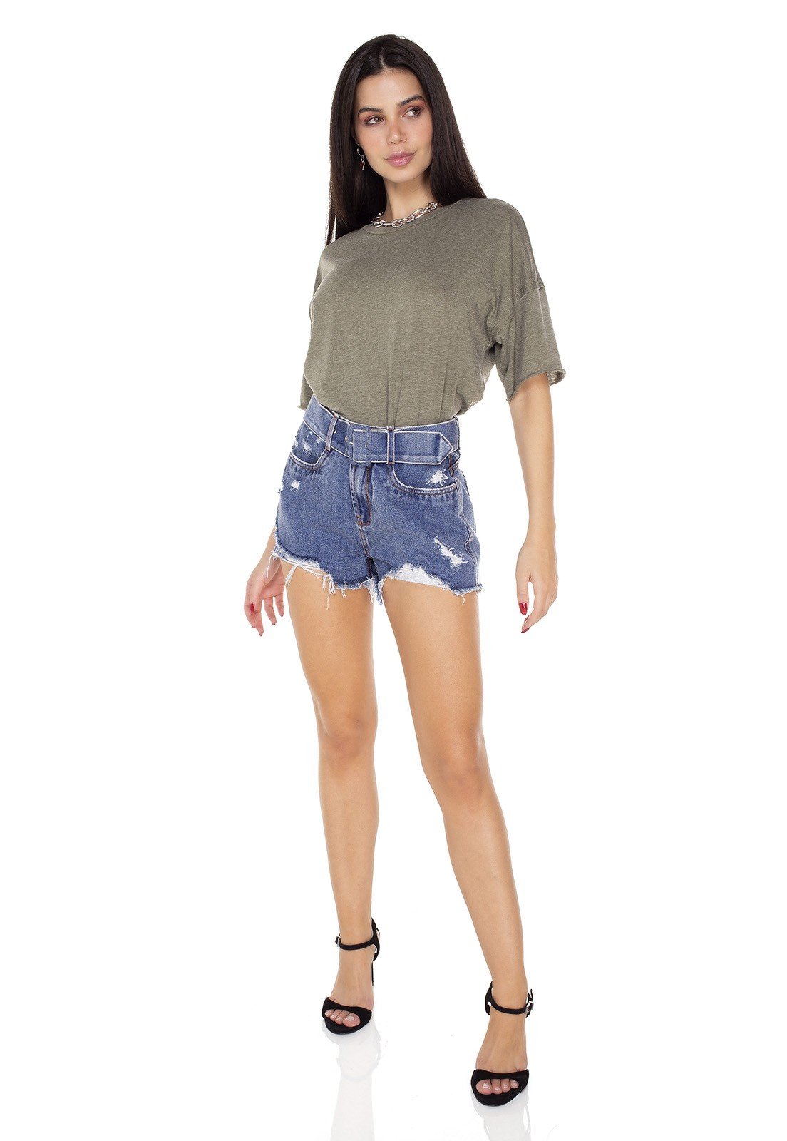 dz6393 shorts jeans feminino setentinha com cinto denim zero frente