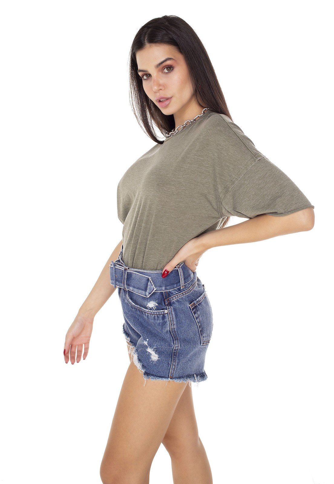 dz6393 shorts jeans feminino setentinha com cinto denim zero lado