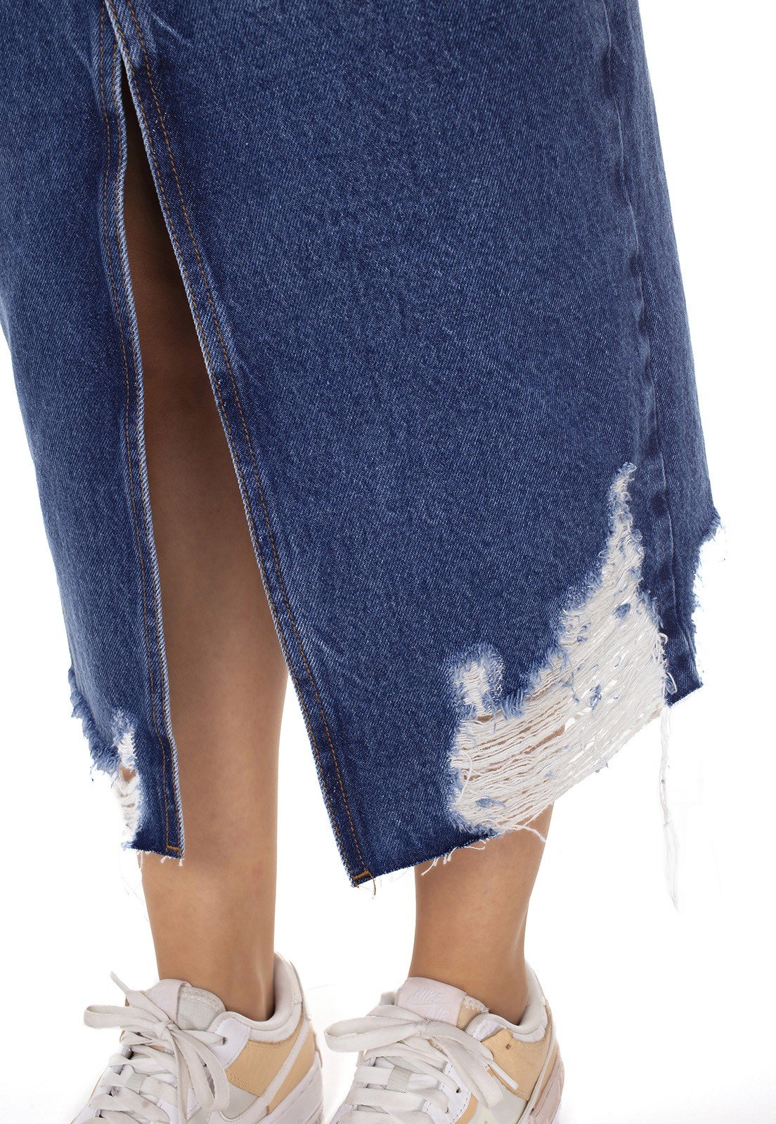 dz7166 saia jeans feminina midi barra destroyed denim zero detalhe
