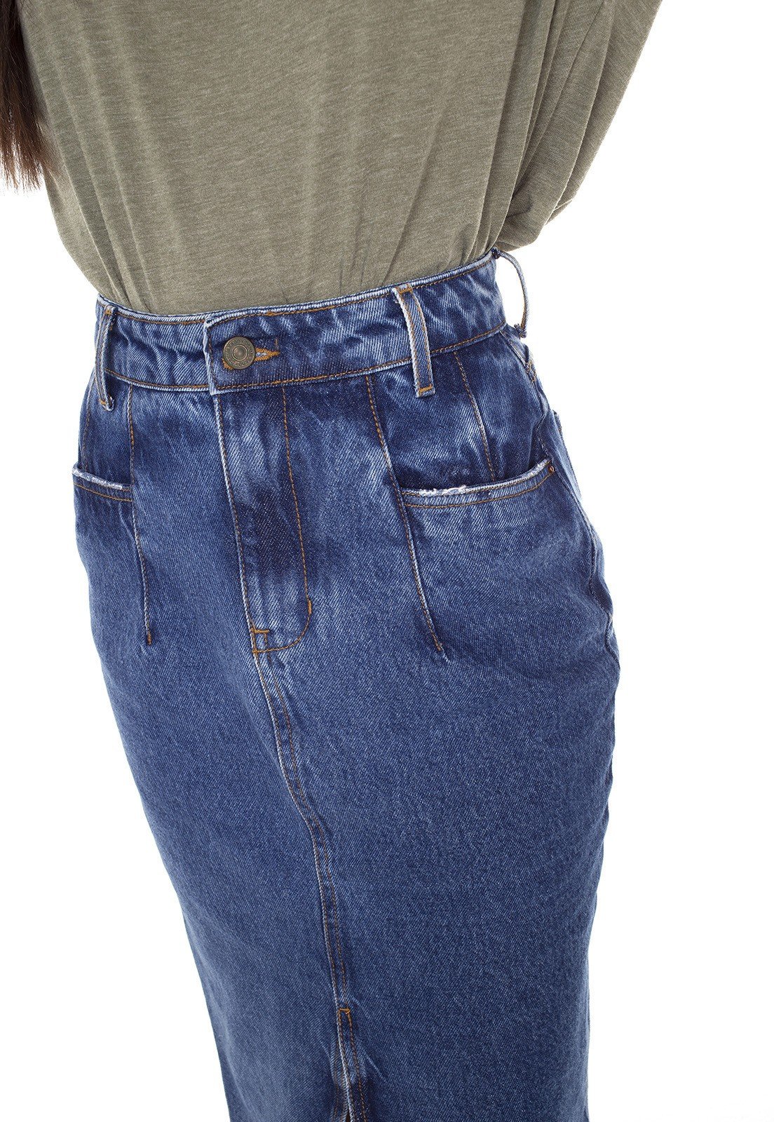 dz7166 saia jeans feminina midi barra destroyed denim zero frente detalhe