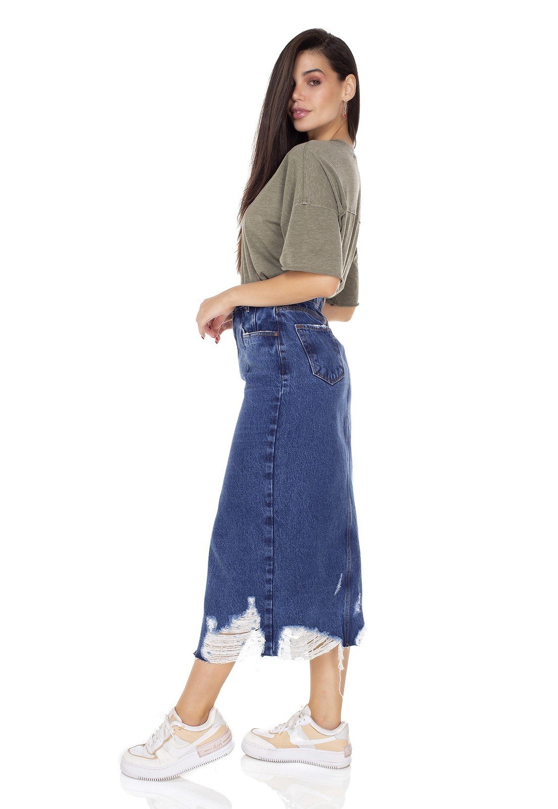 dz7166 saia jeans feminina midi barra destroyed denim zero lado