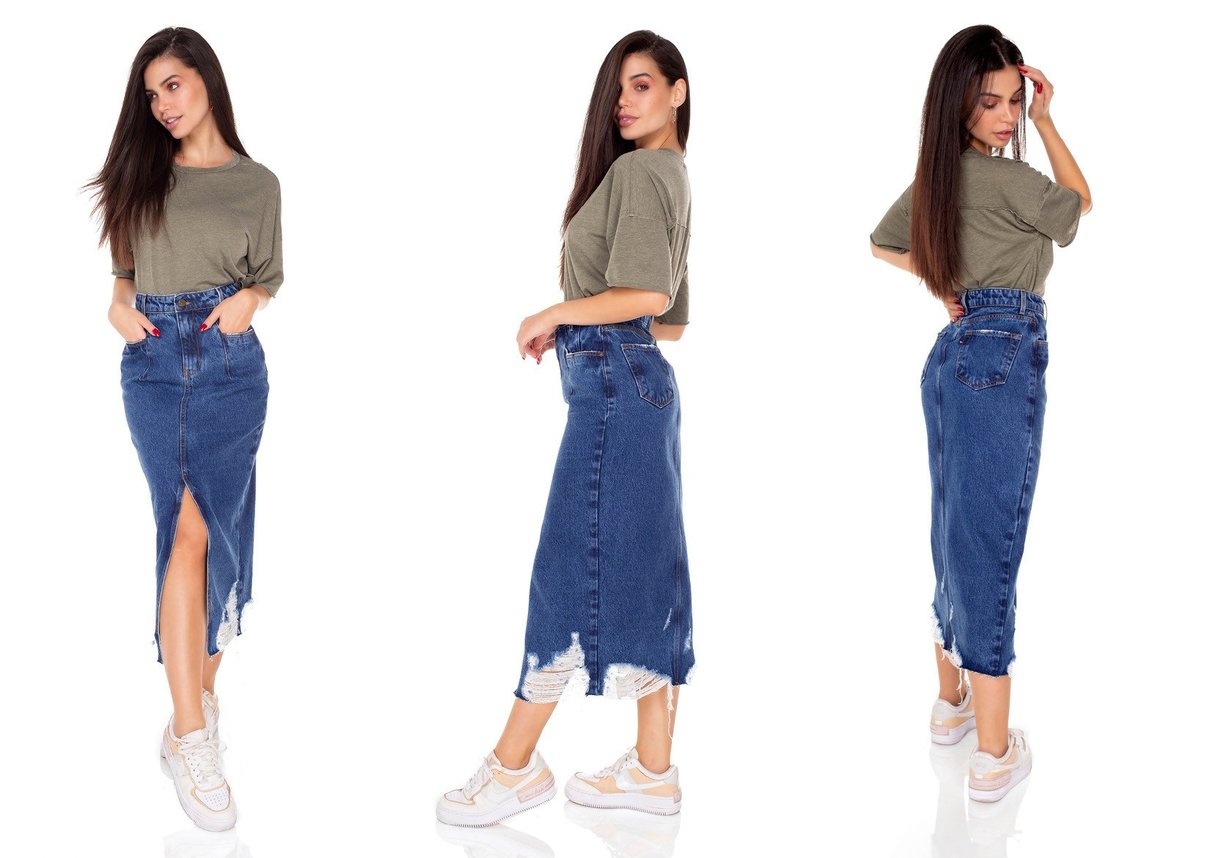 dz7166 saia jeans feminina midi barra destroyed denim zero tripla