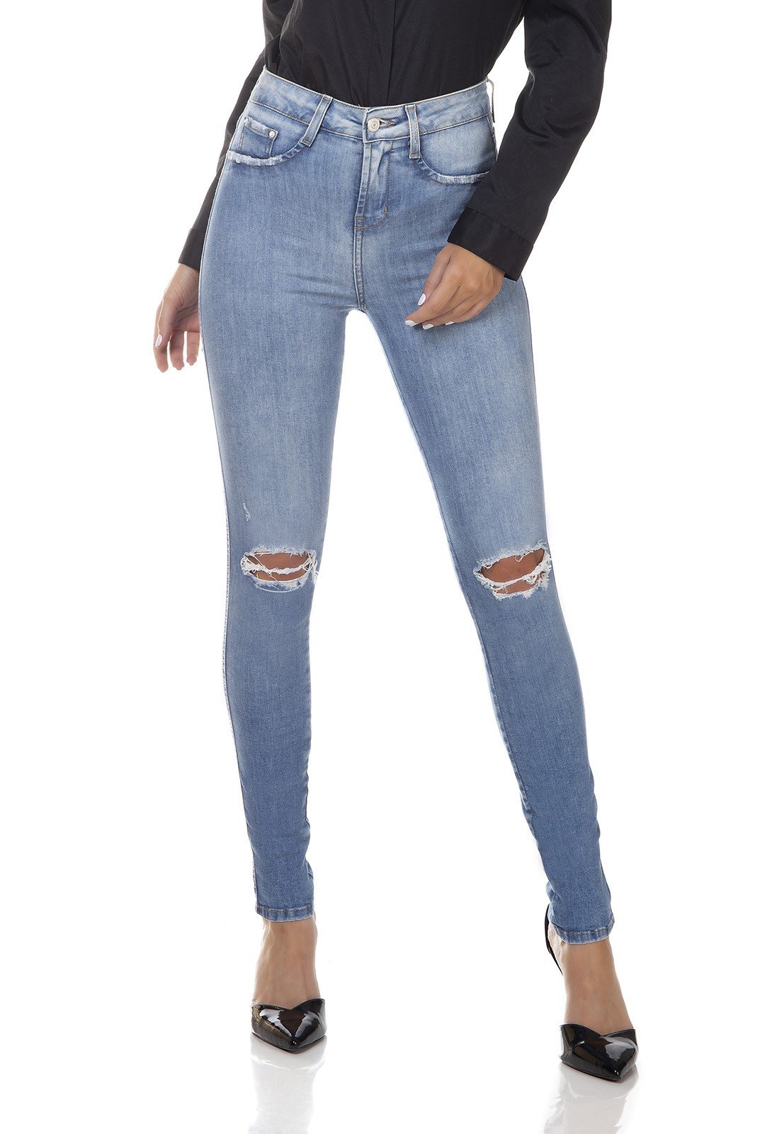 dz3318 calca jeans feminina skinny media cigarrete rasgos no joelho denim zero frente prox