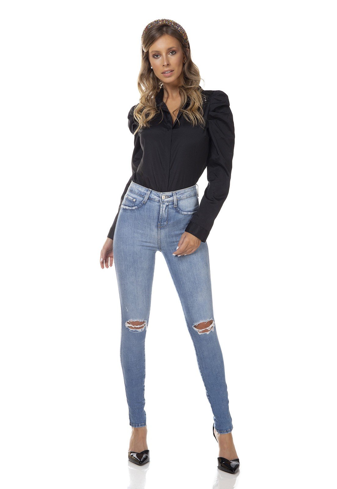 dz3318 calca jeans feminina skinny media cigarrete rasgos no joelho denim zero frente