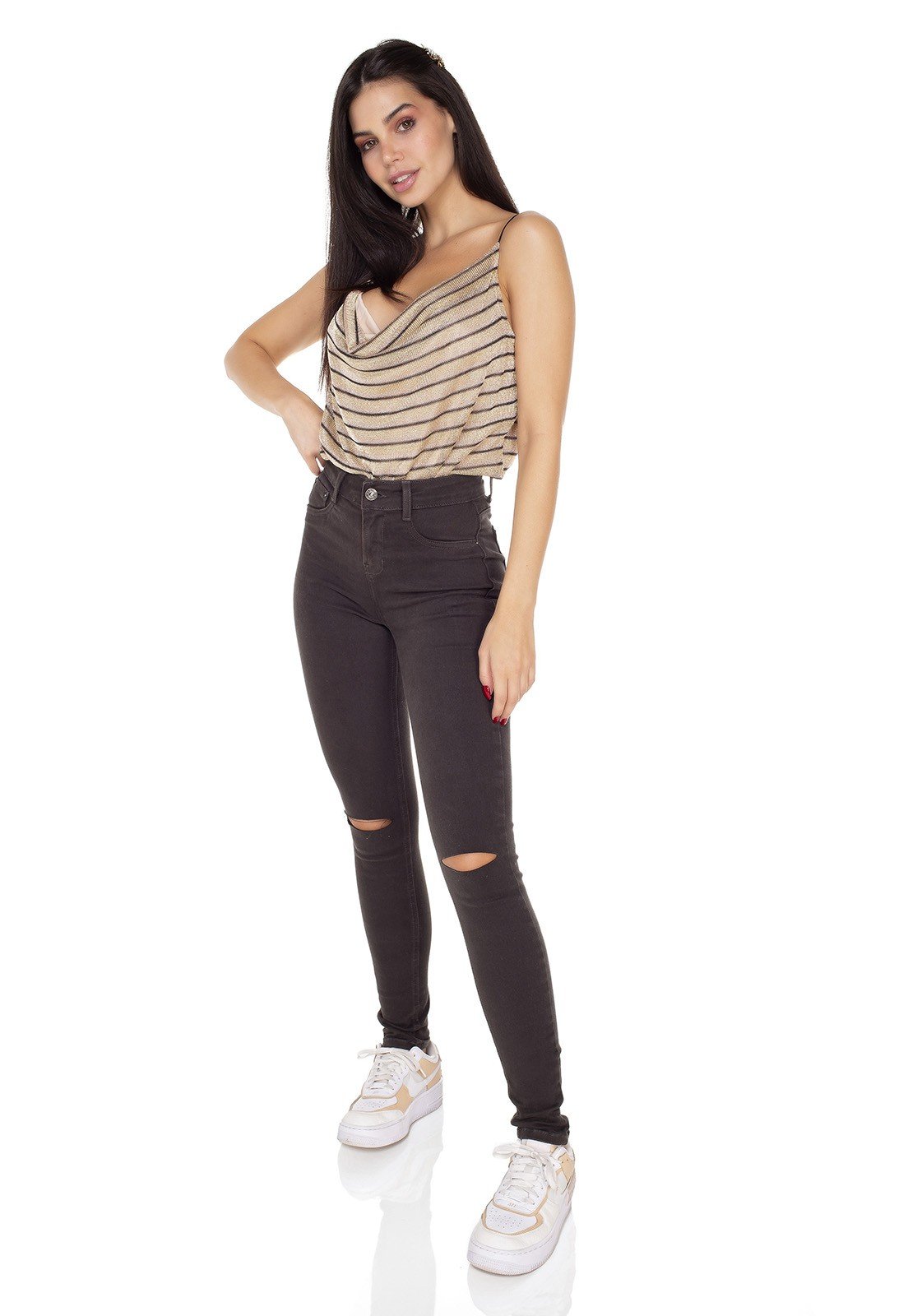 dz3418 calca jeans feminina skinny media colorida verde escuro denim zero frente