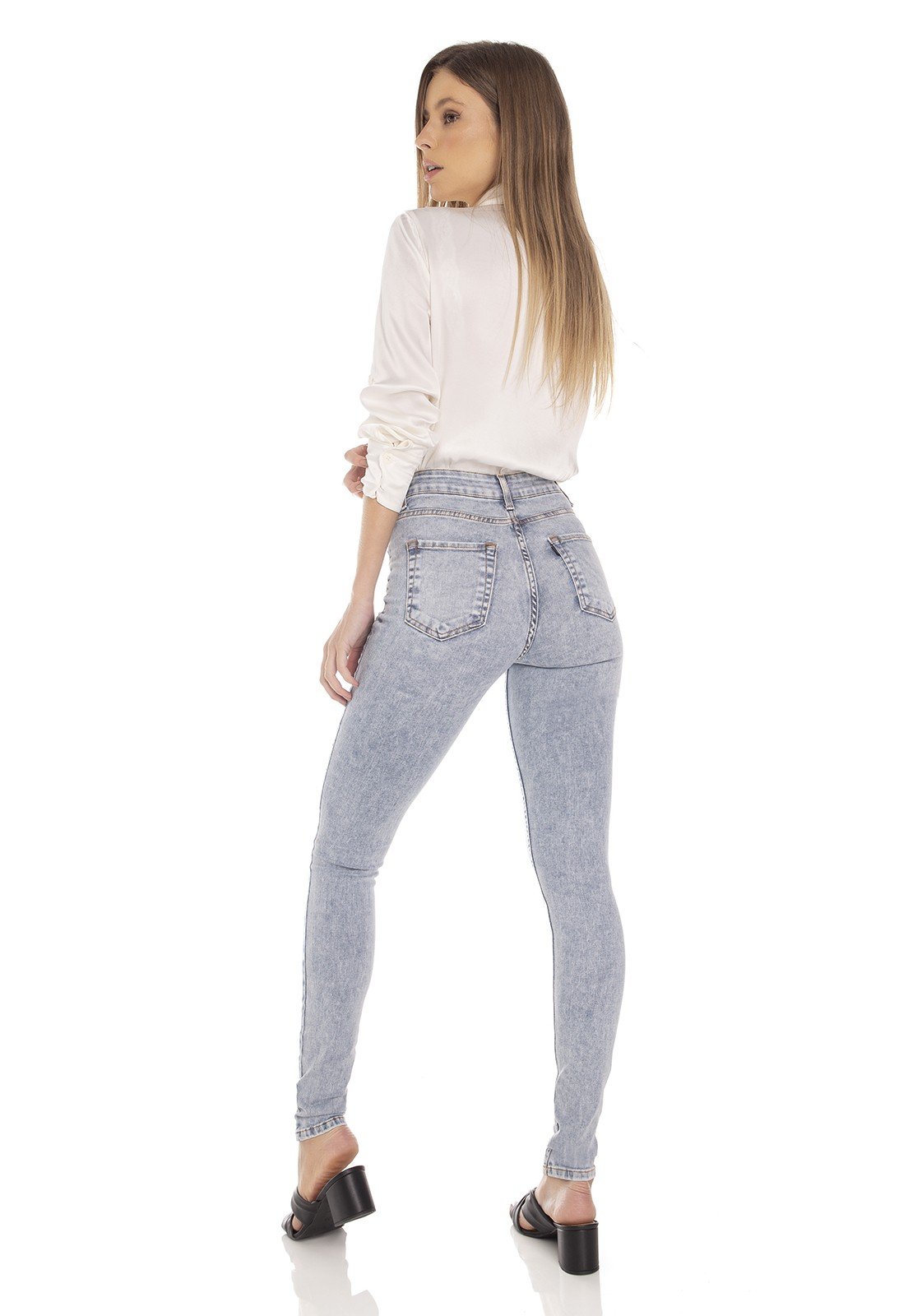 dz3497 calca jeans feminina skinny media recorte frontal denim zero costas