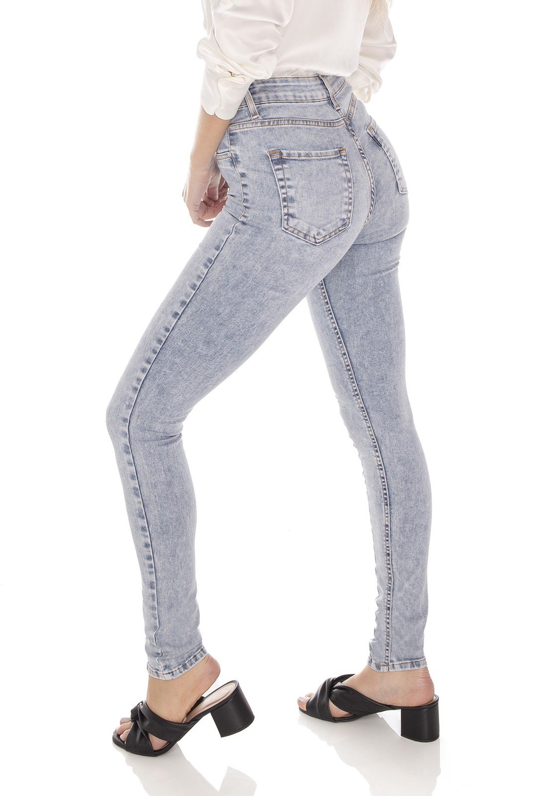 dz3497 calca jeans feminina skinny media recorte frontal denim zero lado prox
