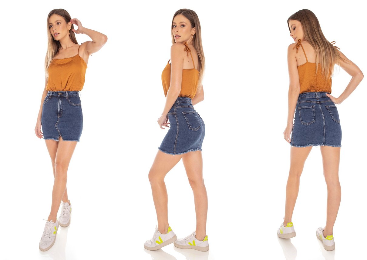 dz7125 saia jeans feminina tubinho recorte frontal denim zero tripla