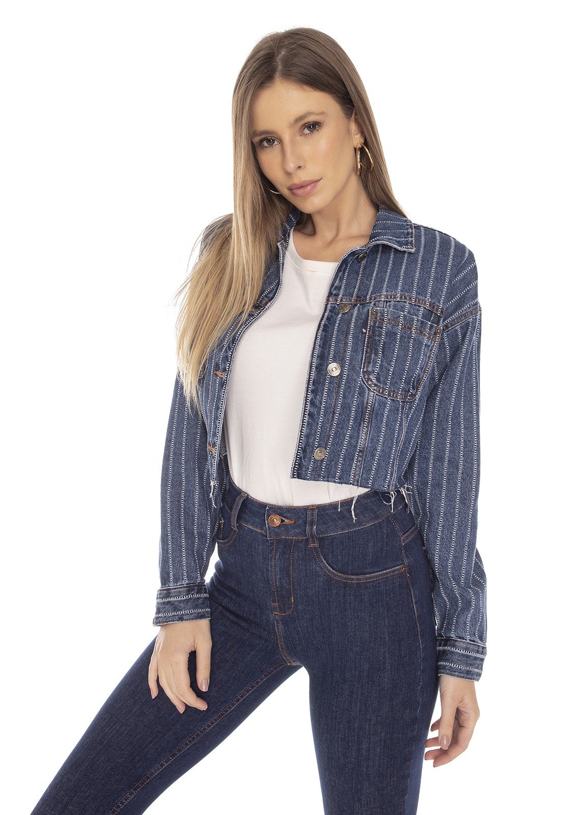 dz9121 jaqueta jeans feminina retro cropped listrada denim zero frente 03