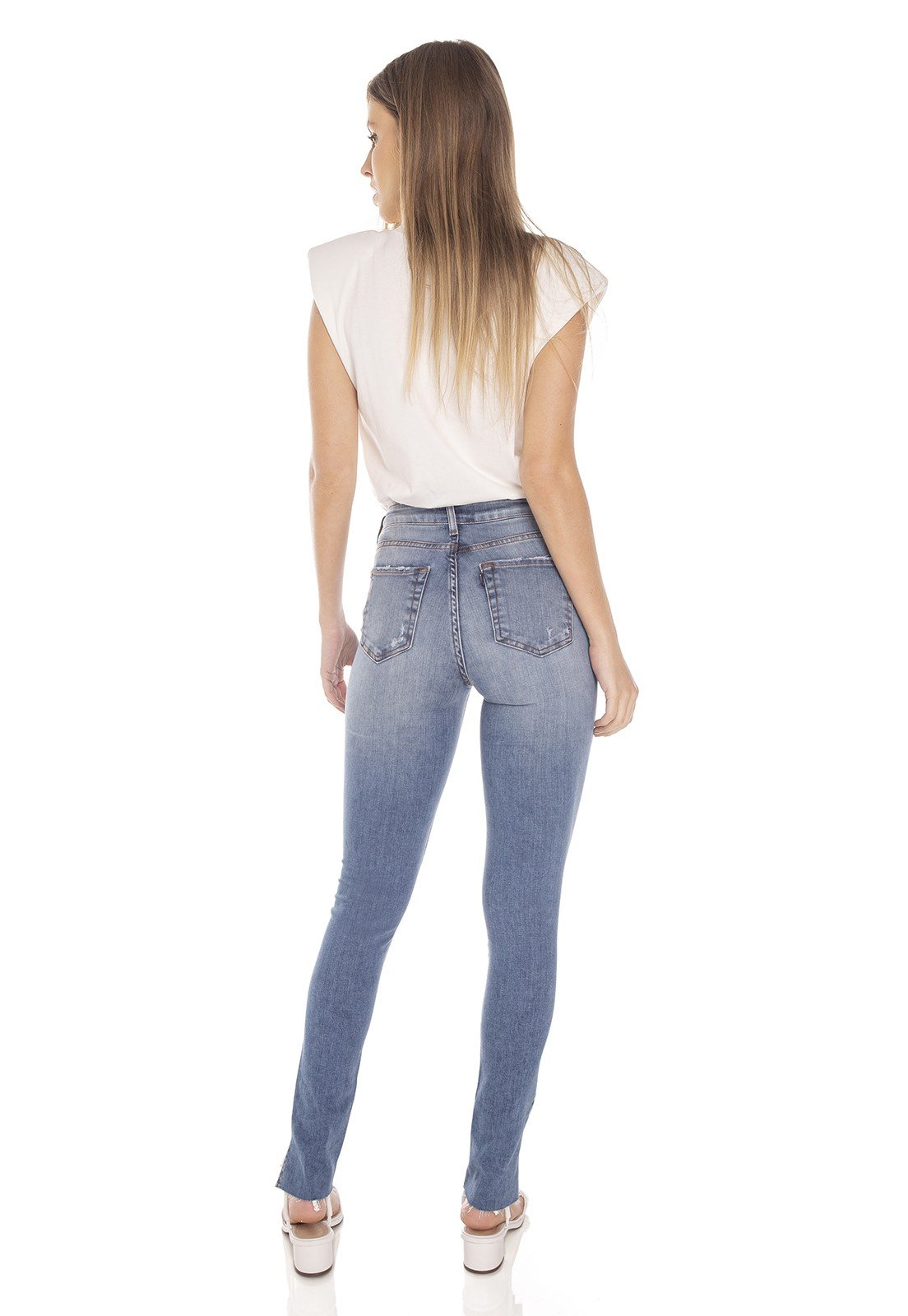 dz3433 calca jeans feminina skinny media fenda na barra denim zero costas