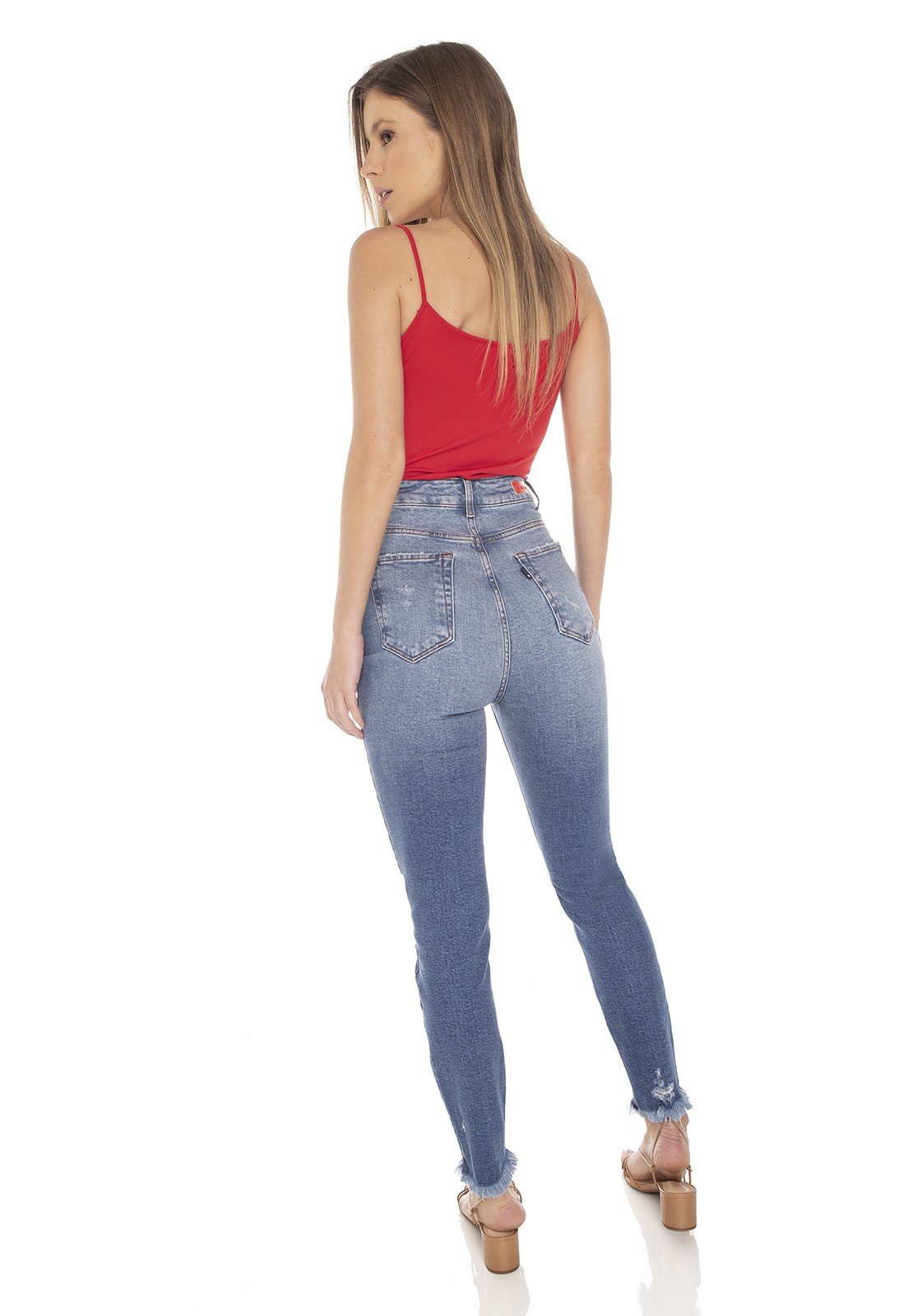 dz3484 calca jeans feminina mom fit puidos na barra denim zero costas