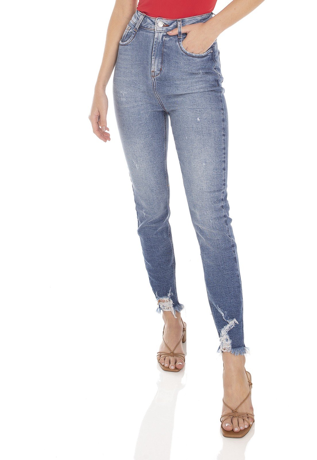 dz3484 calca jeans feminina mom fit puidos na barra denim zero frente prox