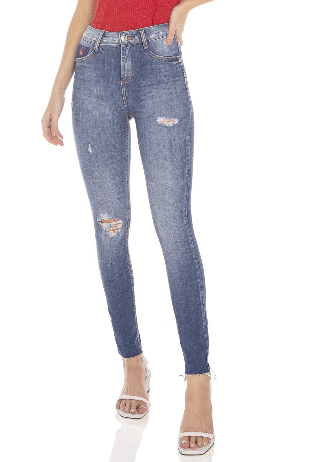 dz3475 calca jeans feminina skinny media cigarrete barra corte a fio denim zero frente prox