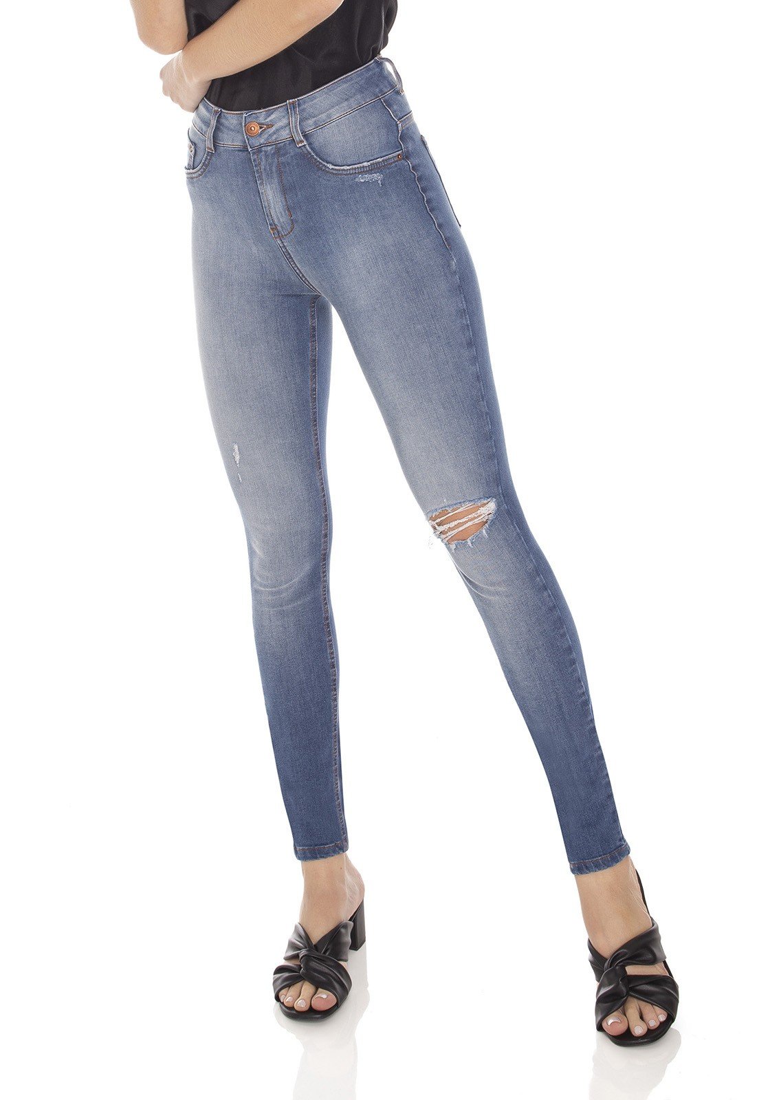 dz3142 calca jeans feminina skinny media cigarrete rasgo no joelho denim zero frente prox
