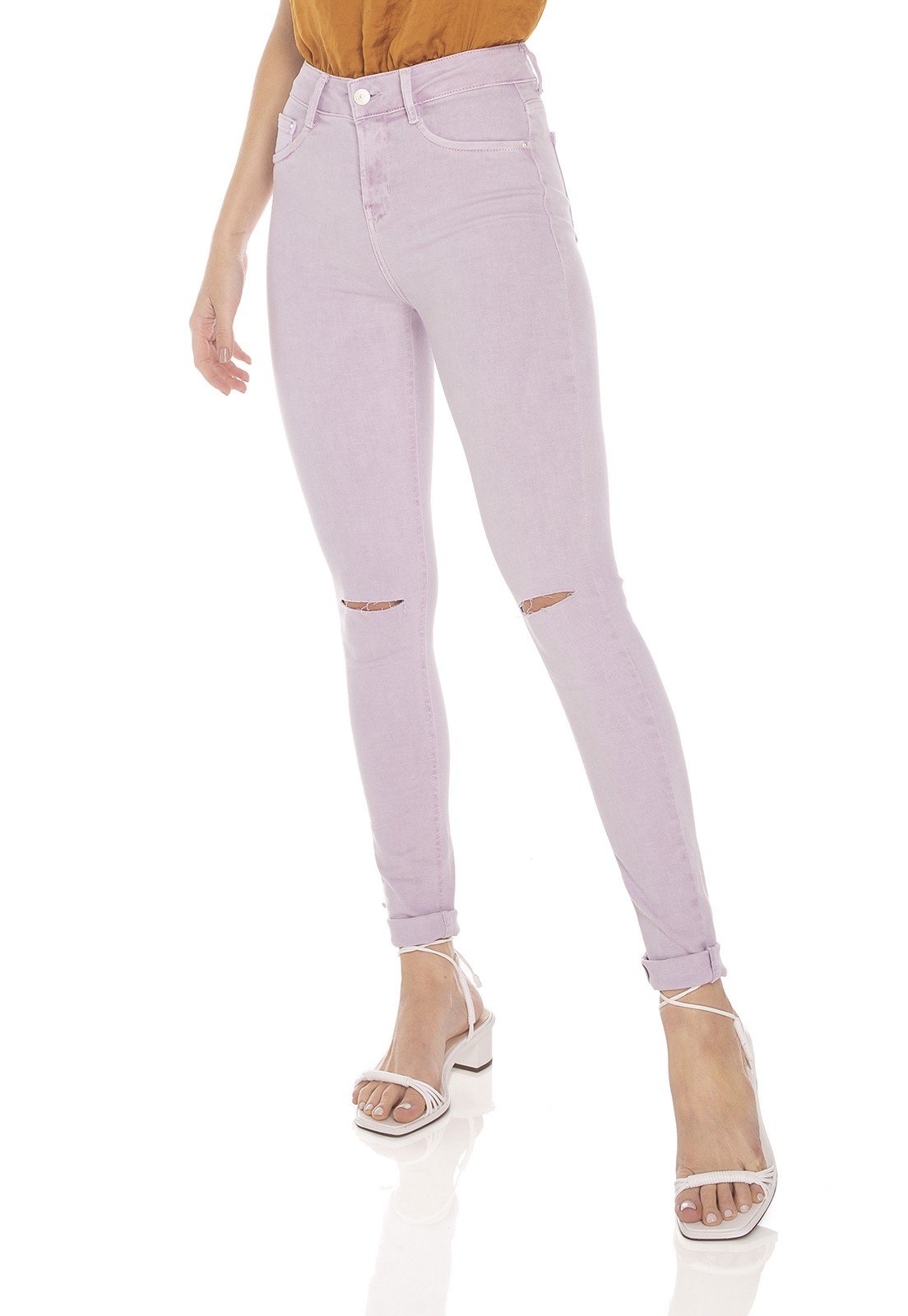 dz3557 calca jeans feminina skinny media colorida old lilac denim zero frente prox