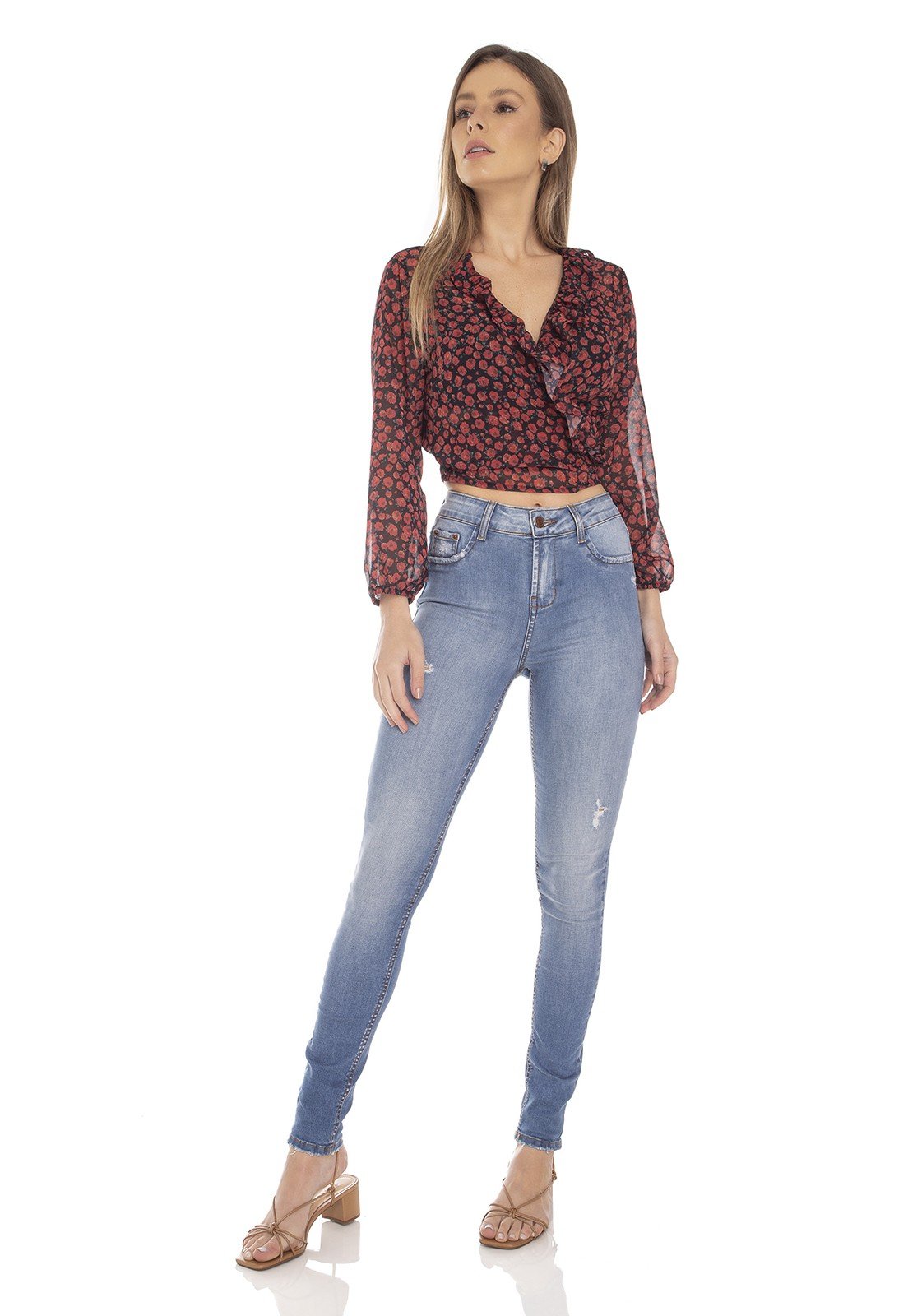 dz3470 calca jeans feminina skinny media com puidos denim zero frente