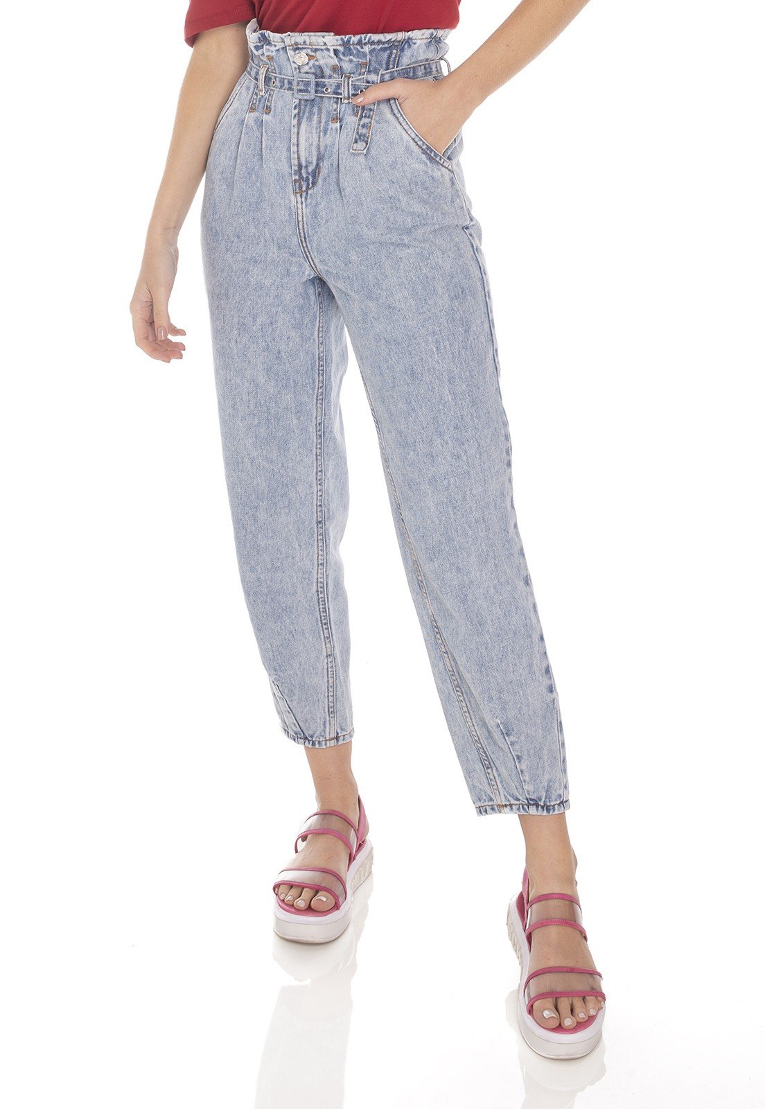 dz3512 calca jeans feminina balloon com cinto denim zero frente prox