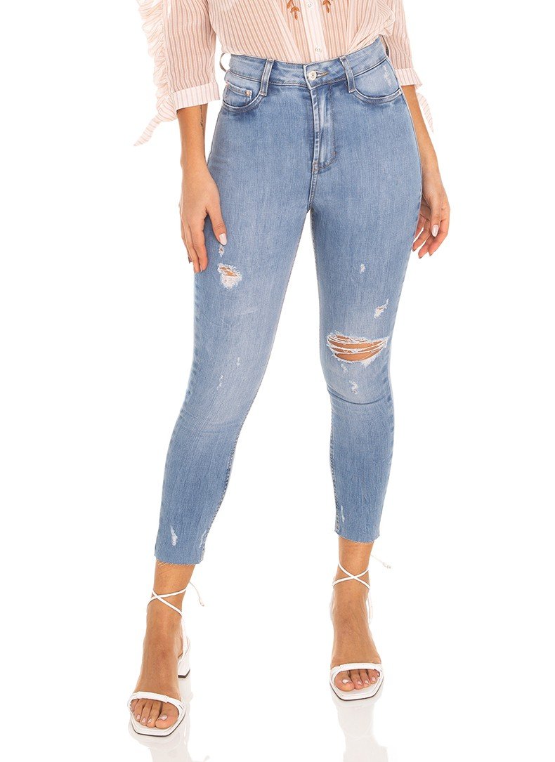 dz3509 calca jeans feminina skinny hot pants cropped barra corte a fio denim zero frente prox