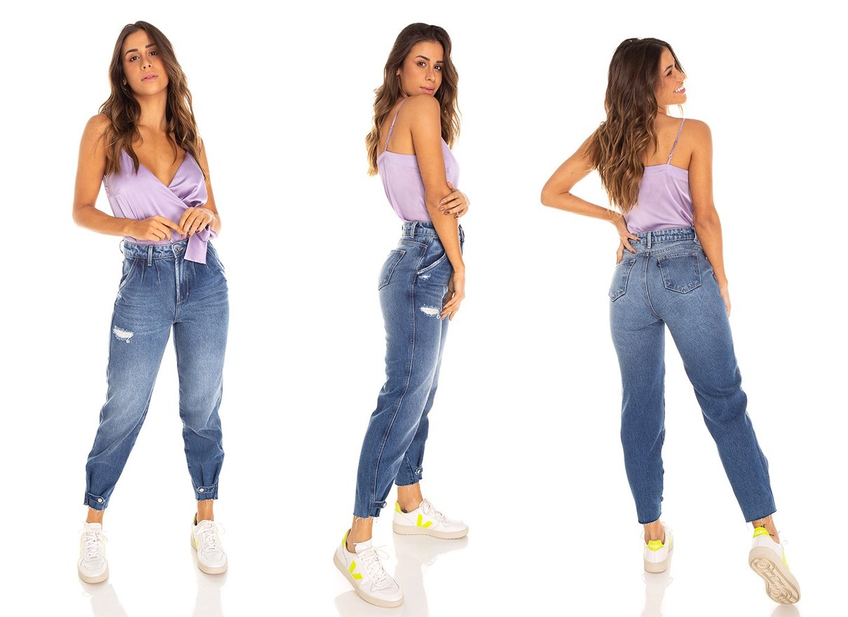 dz3518 calca jeans feminina balloon com puidos denim zero tripla