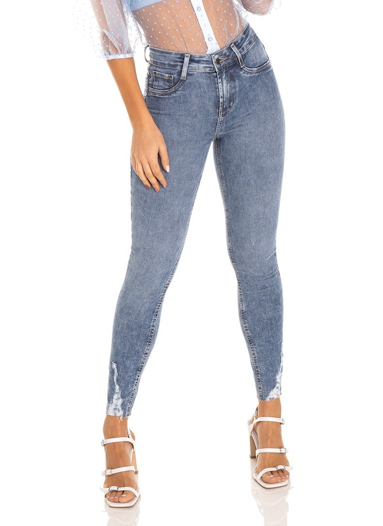 dz3533 calca jeans feminina skinny media cigarrete puido barra denim zero frente prox