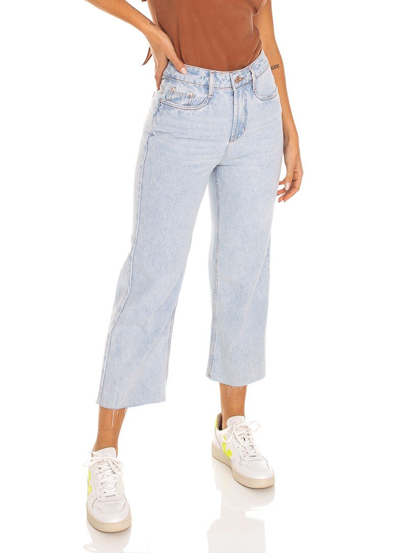 dz3542 calca jeans feminina wide leg barra corte a fio denim zero frente prox