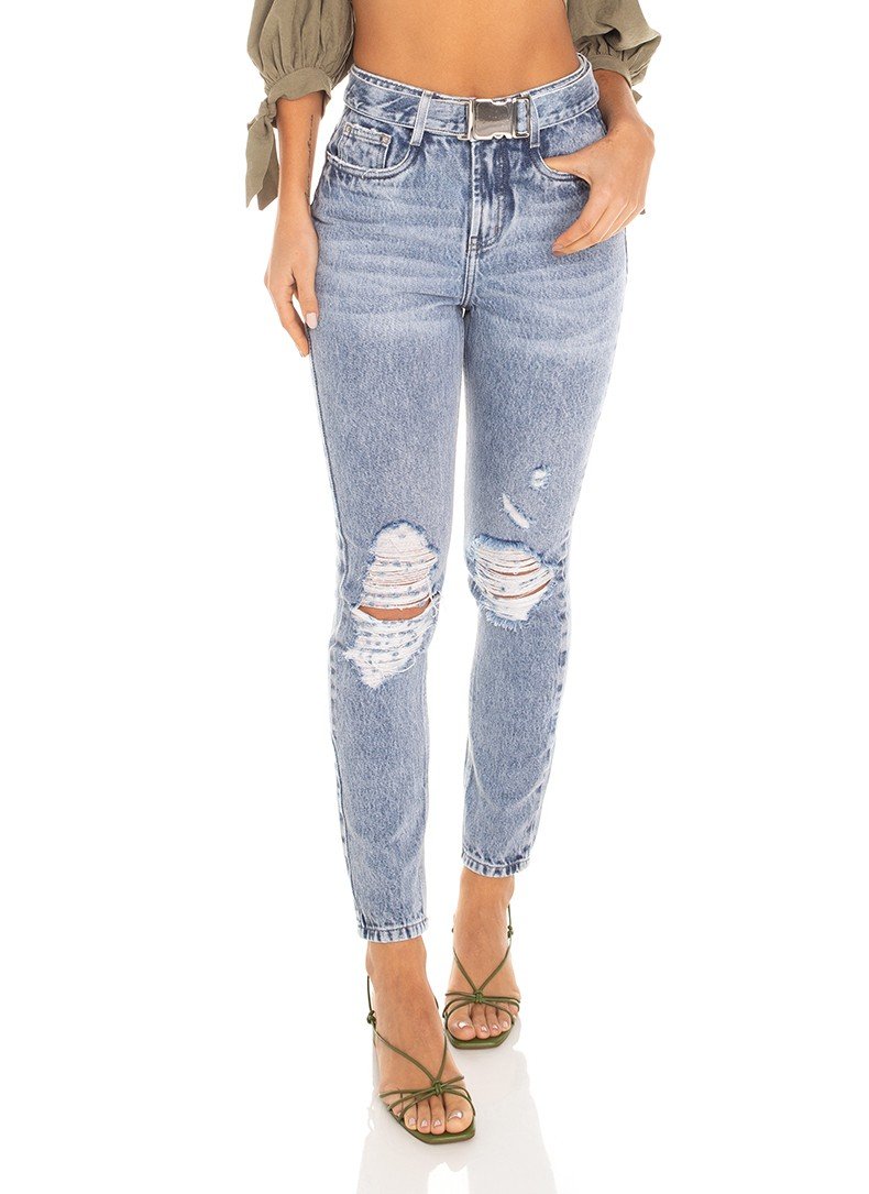 dz3449 calca jeans feminina mom com cinto denim zero frente prox