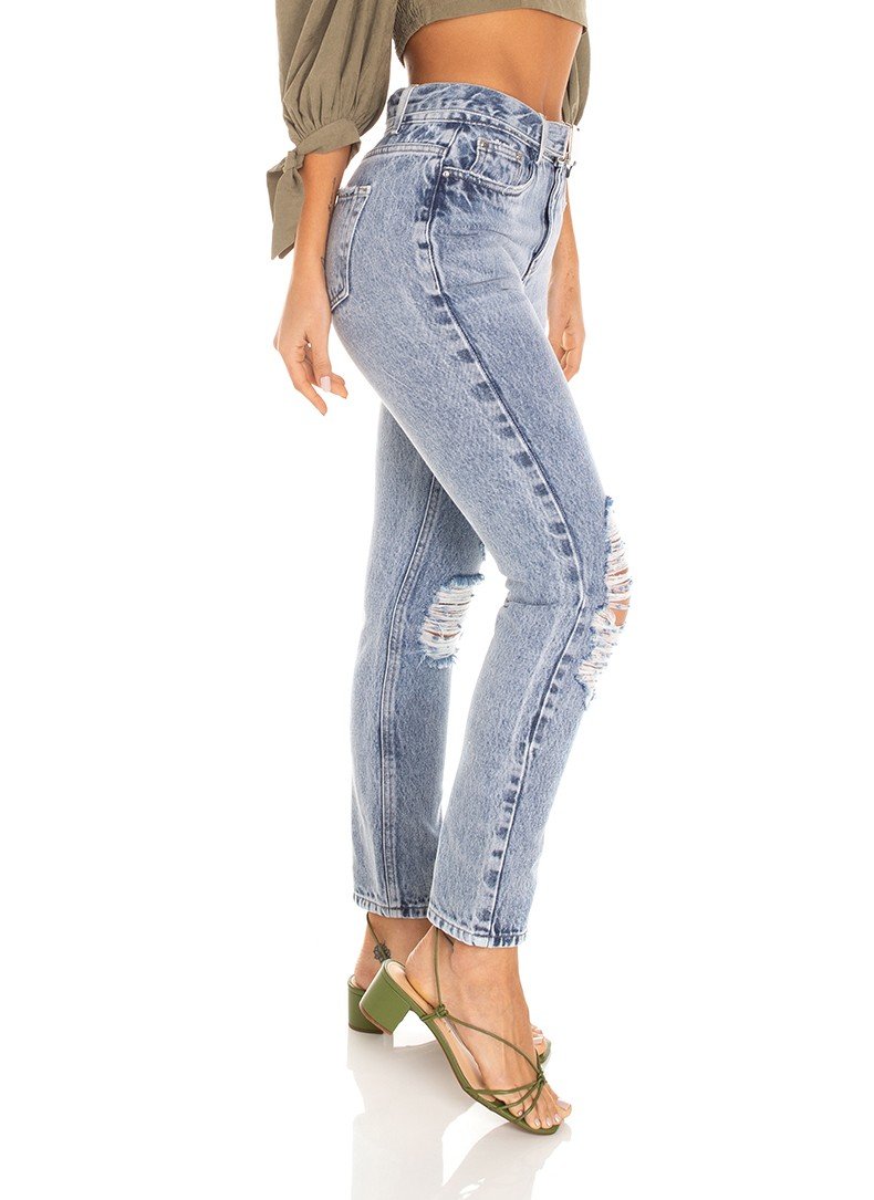 dz3449 calca jeans feminina mom com cinto denim zero lado prox