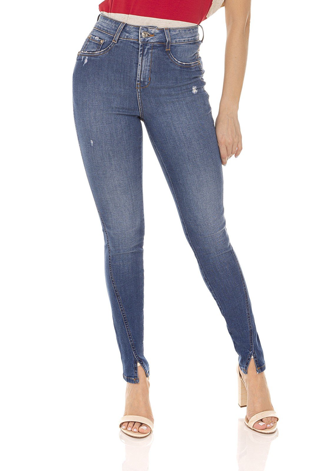 dz3582 calca jeans feminina skinny media cigarrete fenda frontal denim zero frente prox