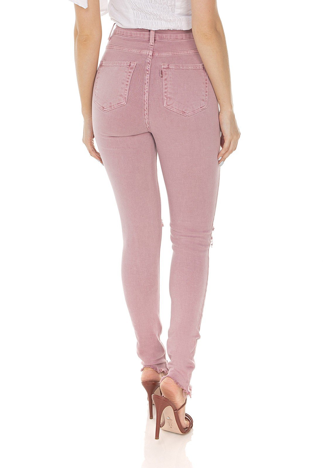 dz3573 calca jeans feminina skinny hot pants colorida rose vintage denim zero costas prox