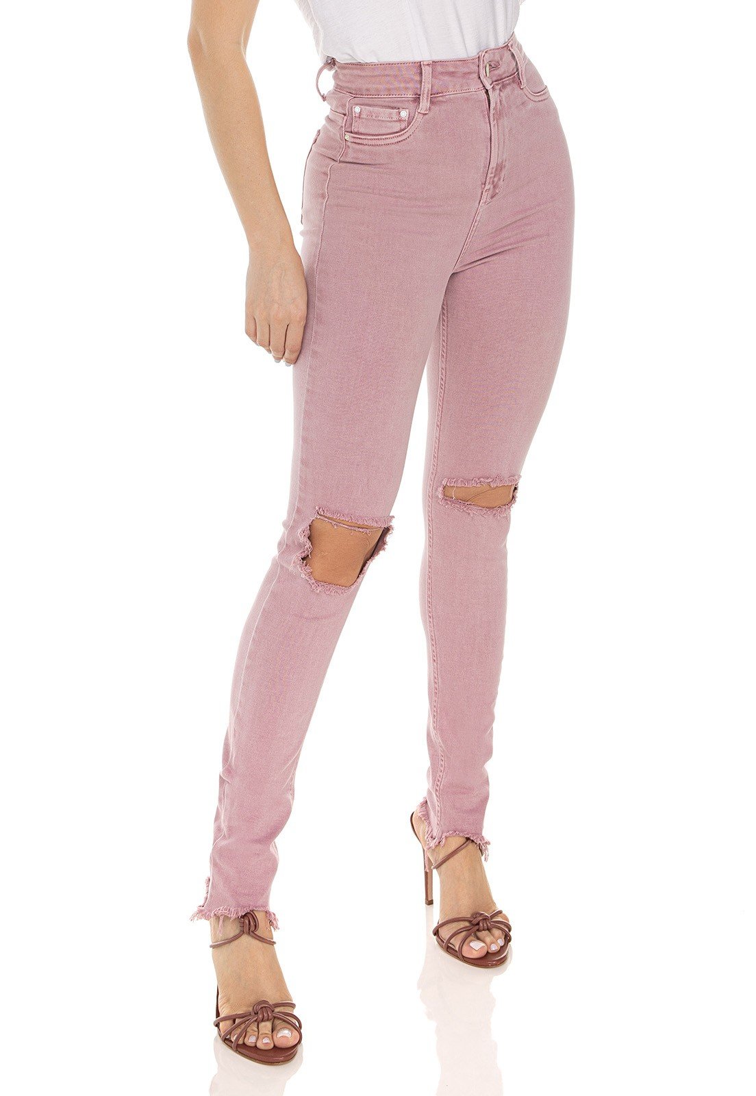 dz3573 calca jeans feminina skinny hot pants colorida rose vintage denim zero frente