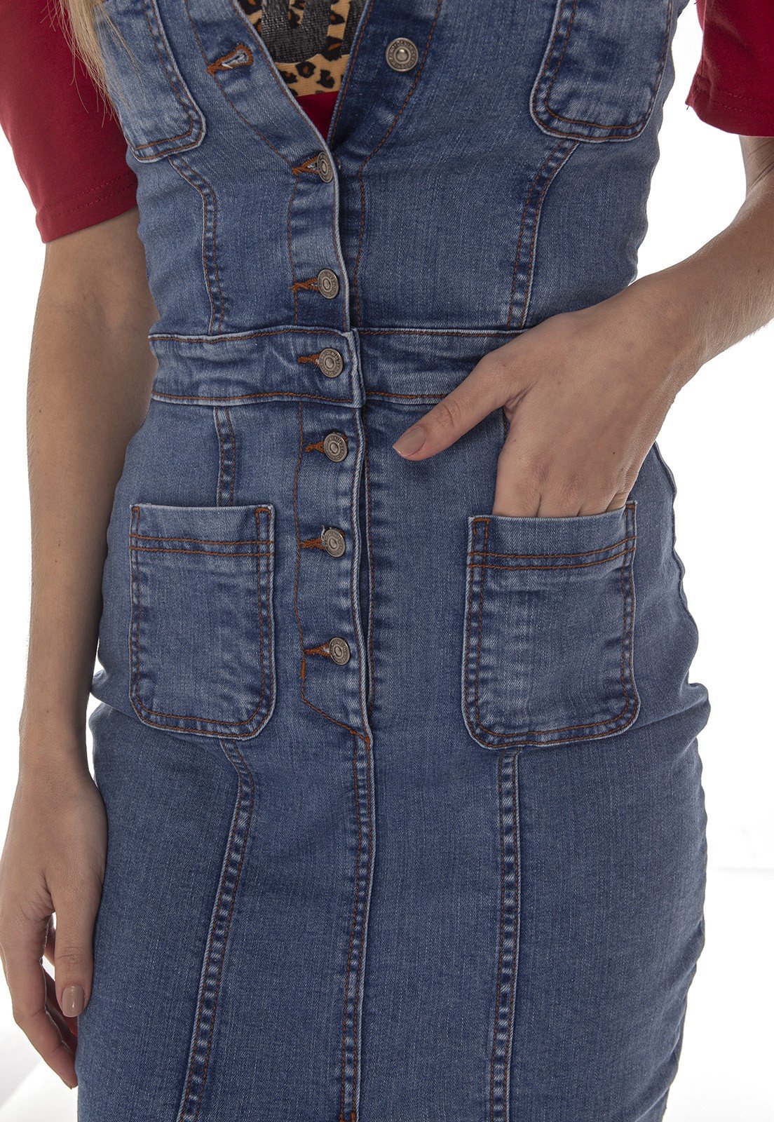 dz12085 vestido jeans feminino midi bolsinhos frontais denim zero detalhe