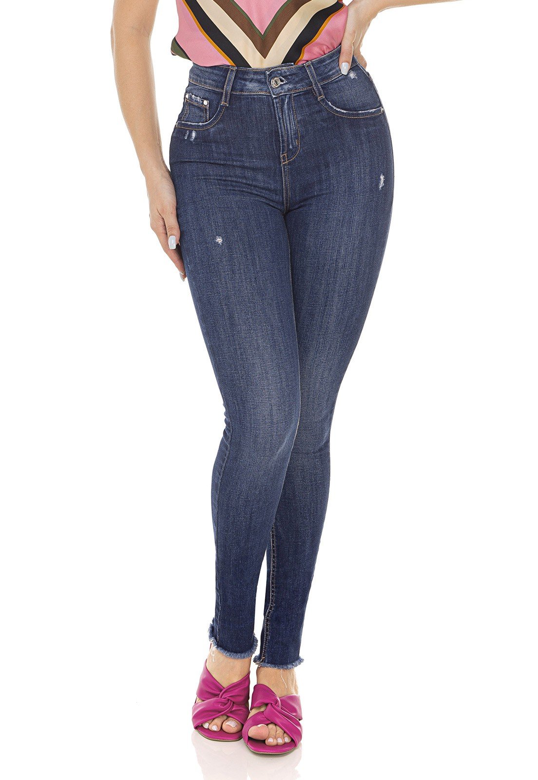 dz3502 calca jeans feminina skinny media cigarrete barra desfiada denim zero frente prox