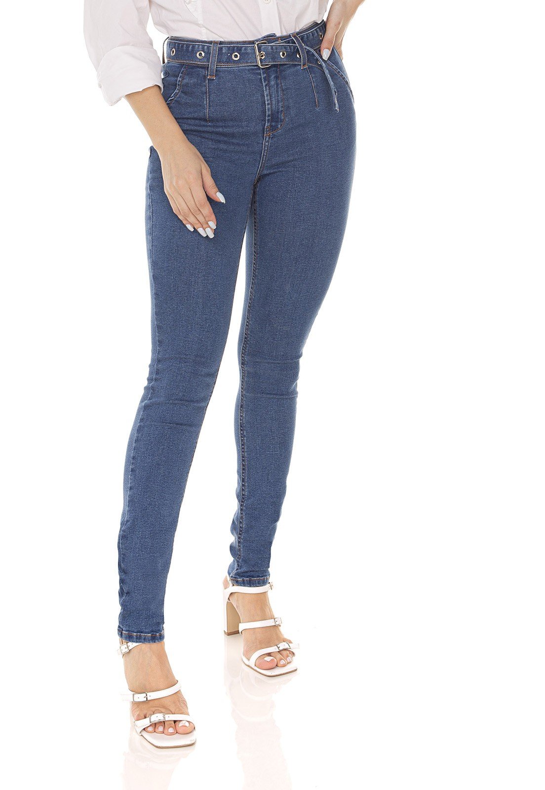dz3580 calca jeans feminina skinny media com cinto denim zero frente prox