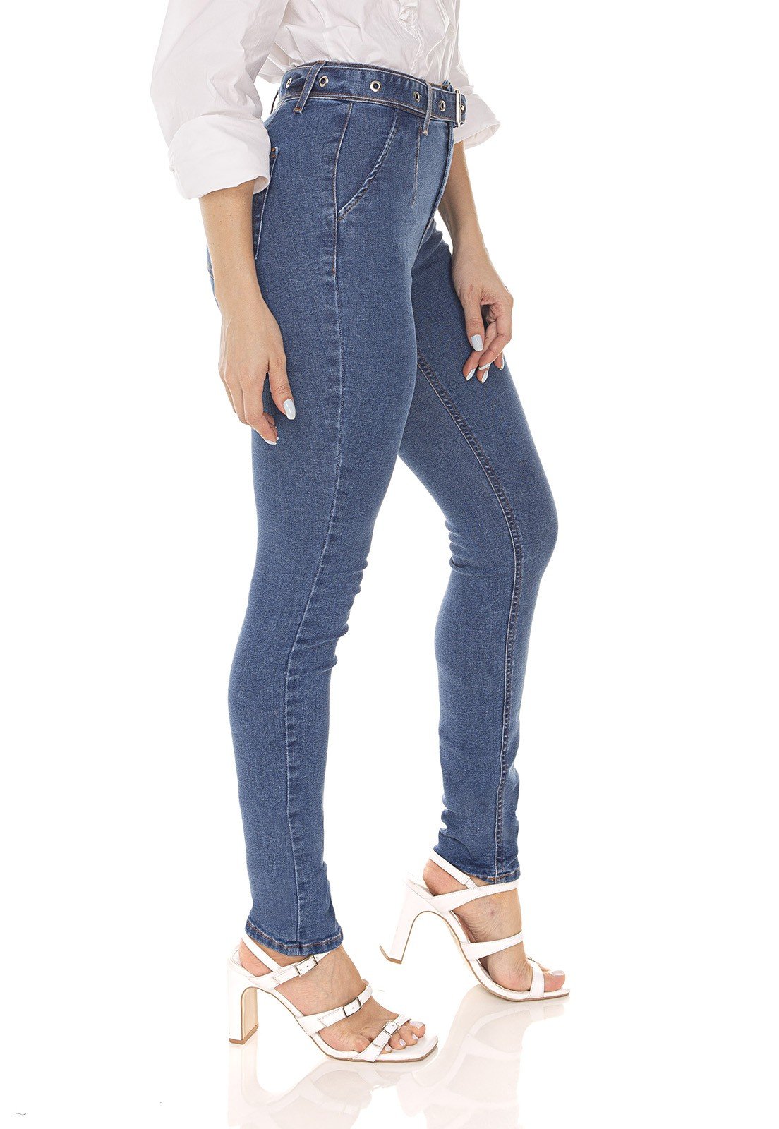 dz3580 calca jeans feminina skinny media com cinto denim zero lado prox