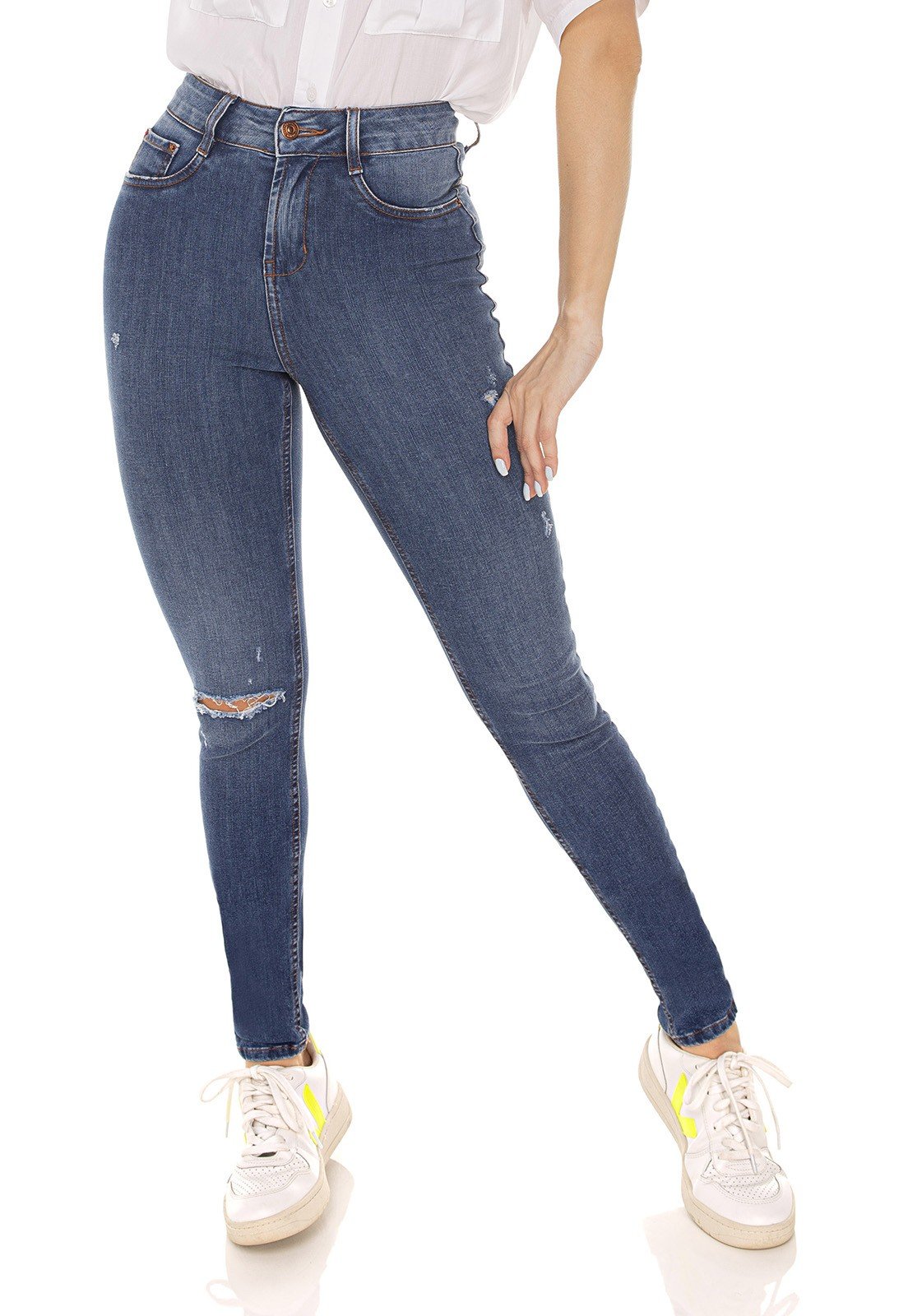 dz3592 calca jeans feminina skinny media cigarrete rasgo no joelho denim zero frente prox