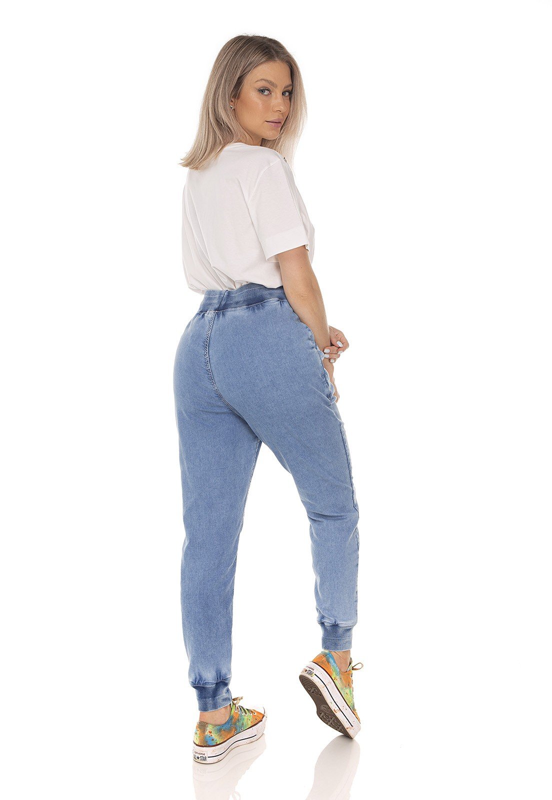 dz3611 calca jeans feminina jogger com cordao denim zero costas