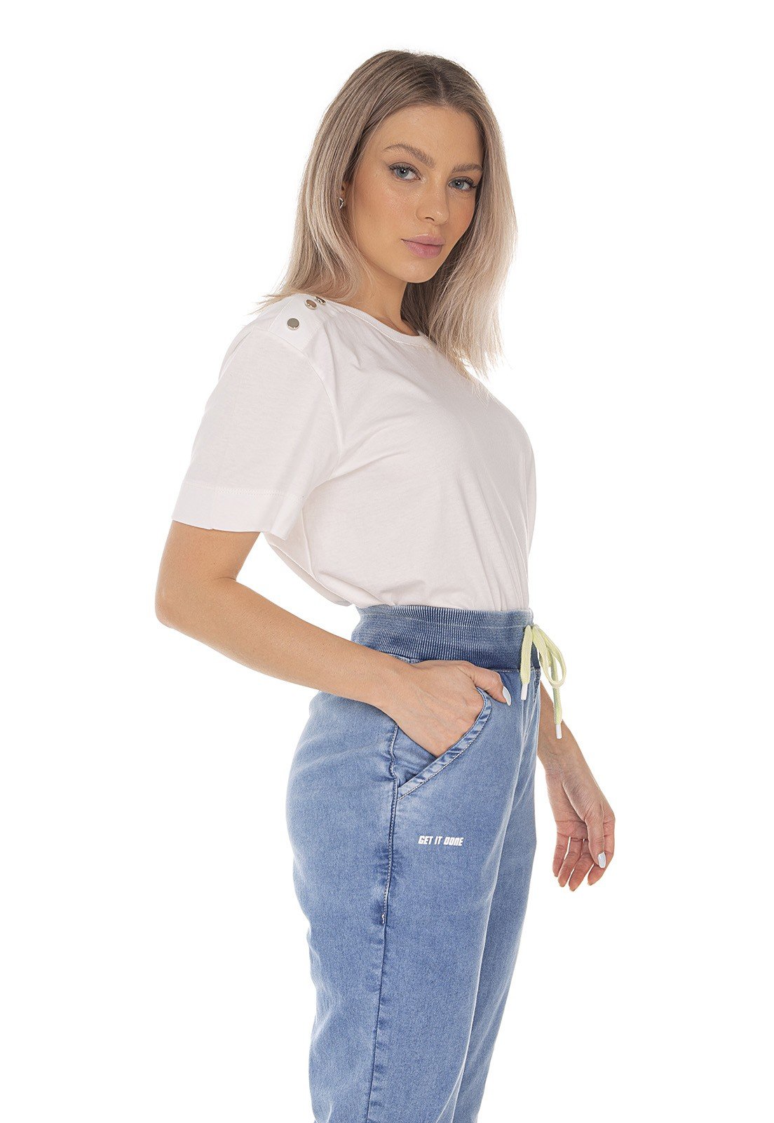 dz3611 calca jeans feminina jogger com cordao denim zero lado prox