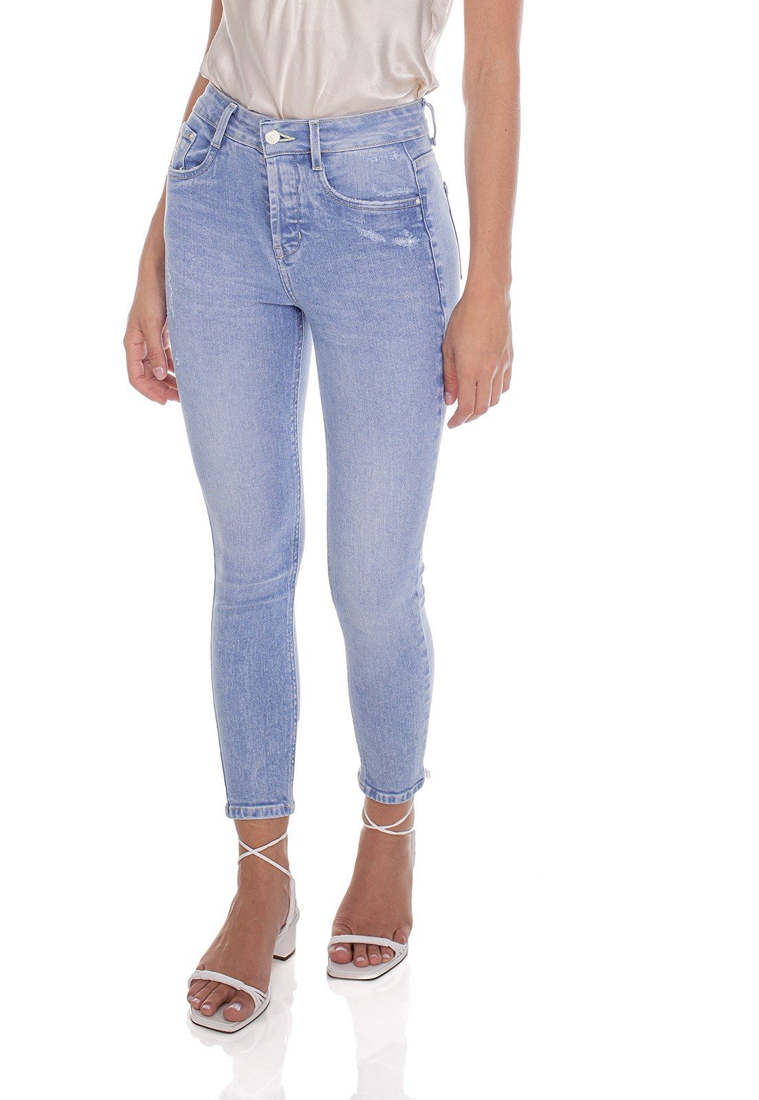 dz3608 re calca jeans feminina skinny media cropped fechamento de botoes denim zero frente prox
