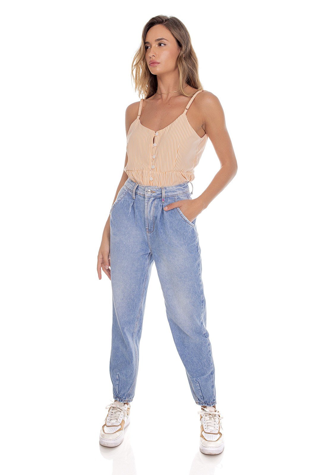 dz3613 alg calca jeans feminina balloon pences na barra denim zero frente