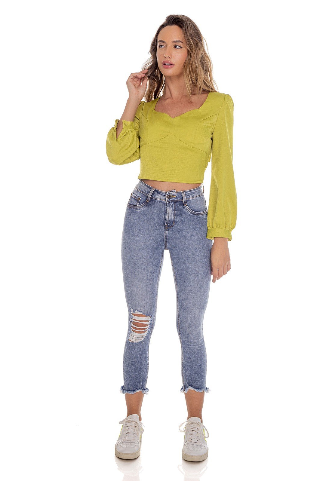 dz3609 re calca jeans feminina skinny media cropped barra irregular frente