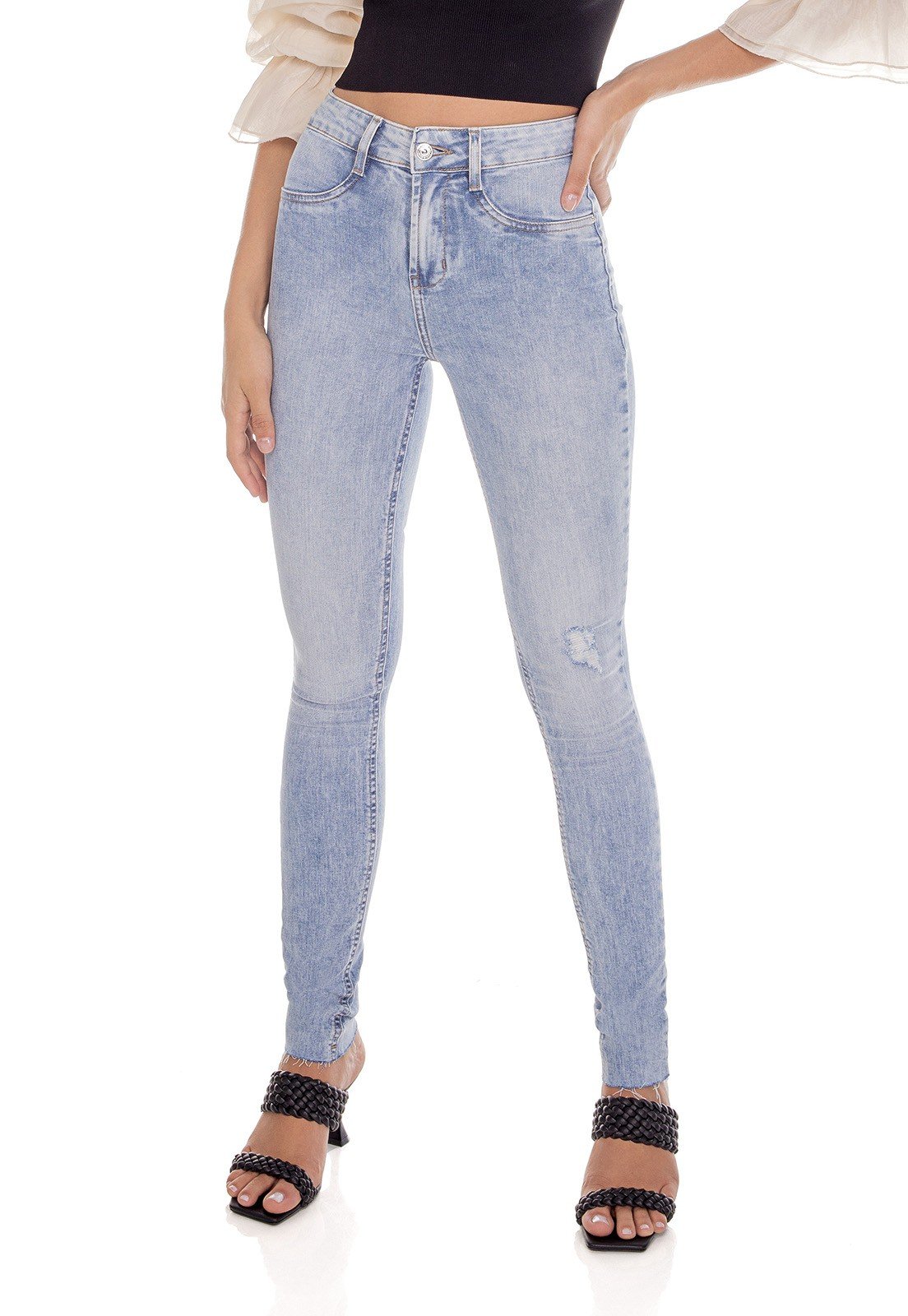 dz3643 com calca jeans feminina skinny media barra corte a fio denim zero frente prox
