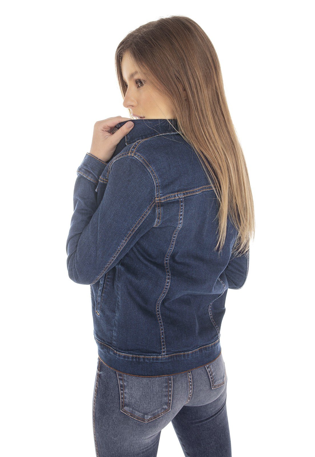 dz9123 jaqueta jeans feminina regular com elastano denim zero costas