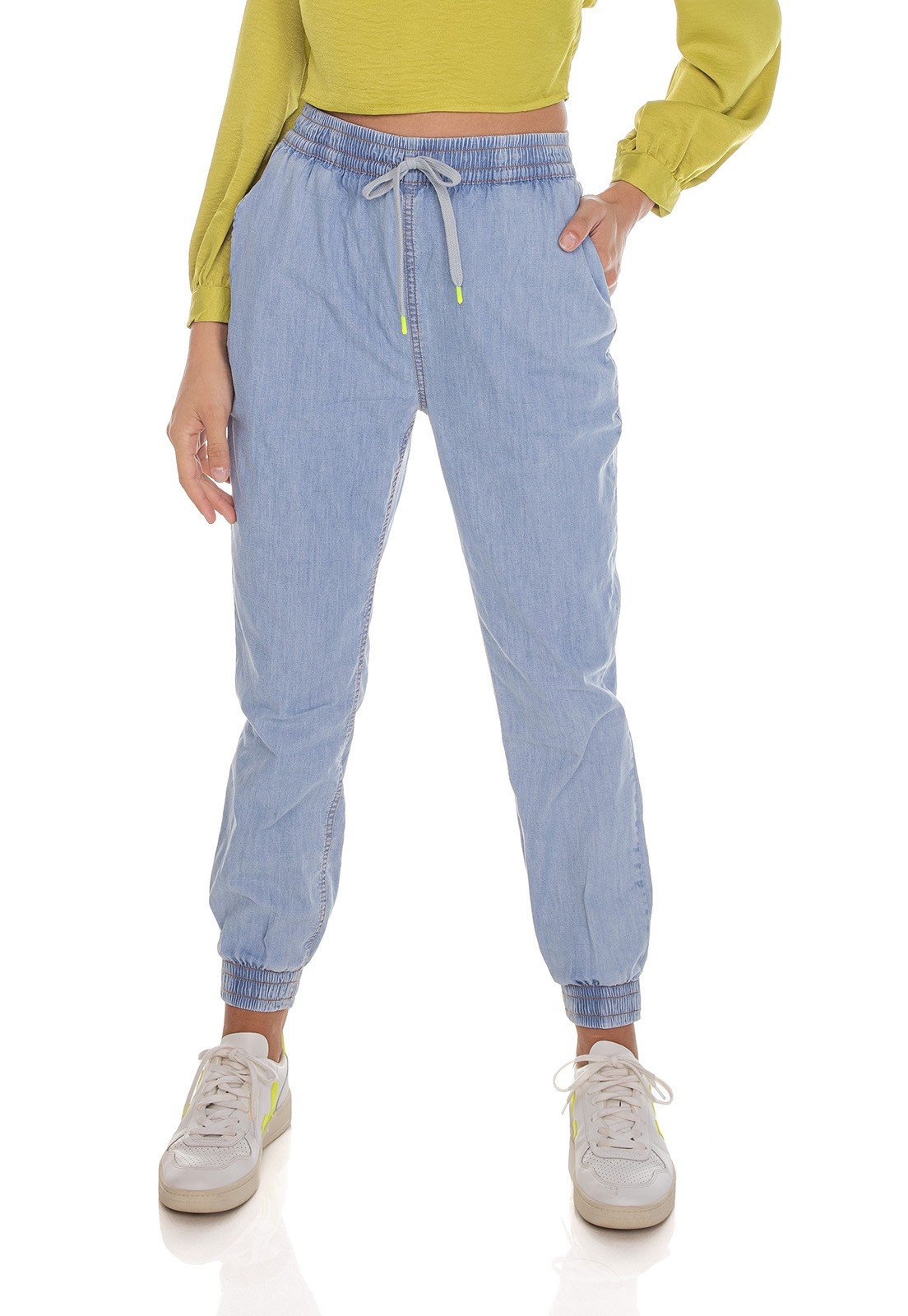 dz3625 com calca jeans feminina jogger com cordao decorativo denim zero frente prox
