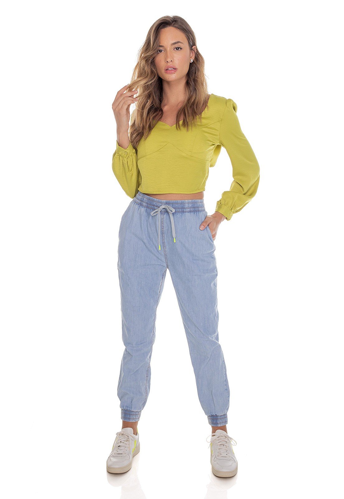 dz3625 com calca jeans feminina jogger com cordao decorativo denim zero frente