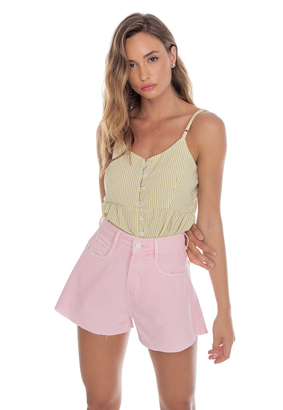 dz6471 alg shorts jeans feminino gode colorido rosa neon pastel denim zero frente