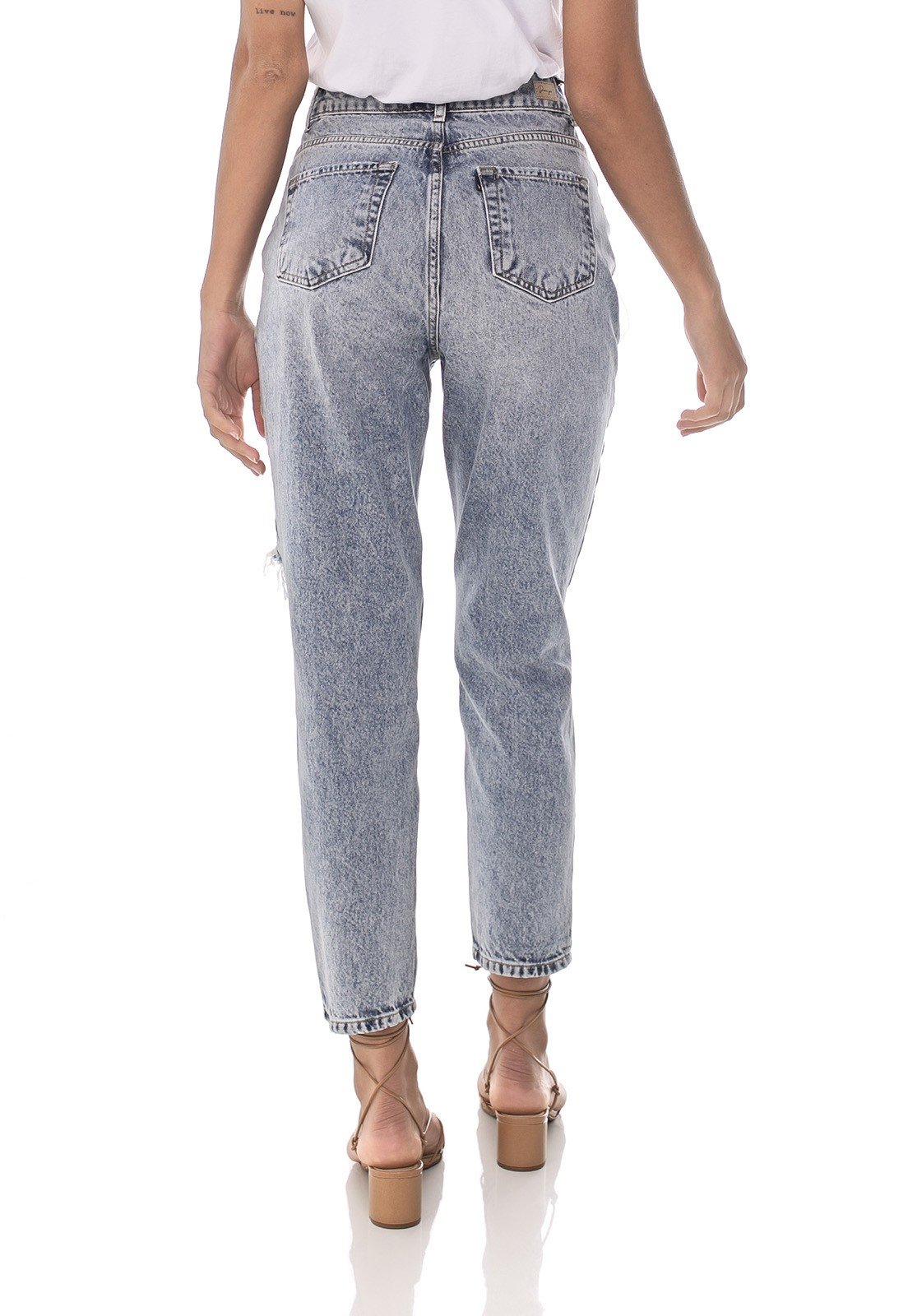 dz3640 alg calca jeans feminina mom cropped rasgo no joelho denim zero costas prox